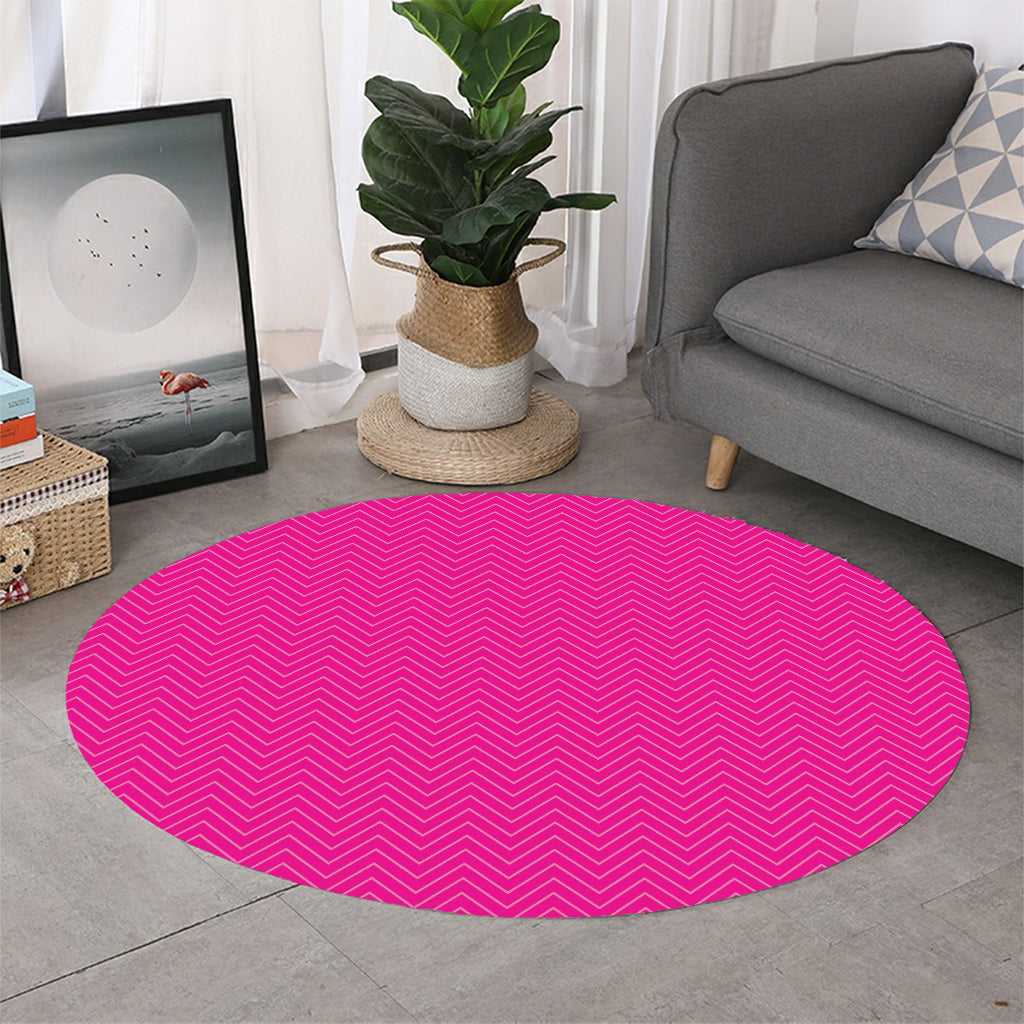 Magenta Pink Zigzag Pattern Print Round Rug