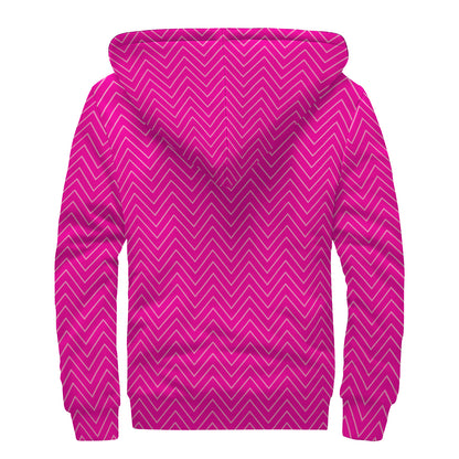 Magenta Pink Zigzag Pattern Print Sherpa Lined Zip Up Hoodie