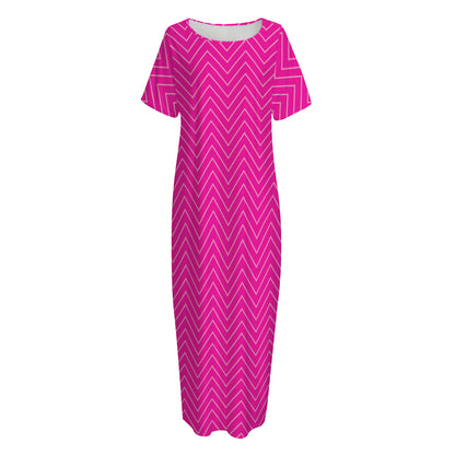 Magenta Pink Zigzag Pattern Print Short Sleeve Long Nightdress