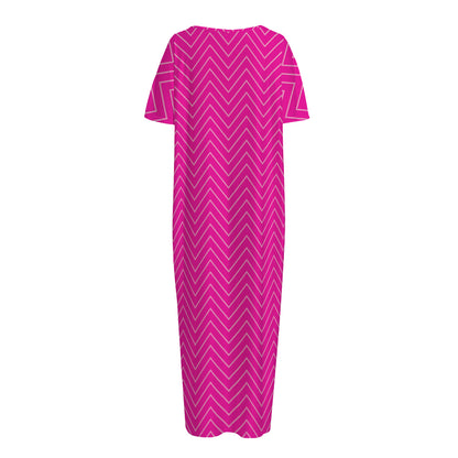 Magenta Pink Zigzag Pattern Print Short Sleeve Long Nightdress