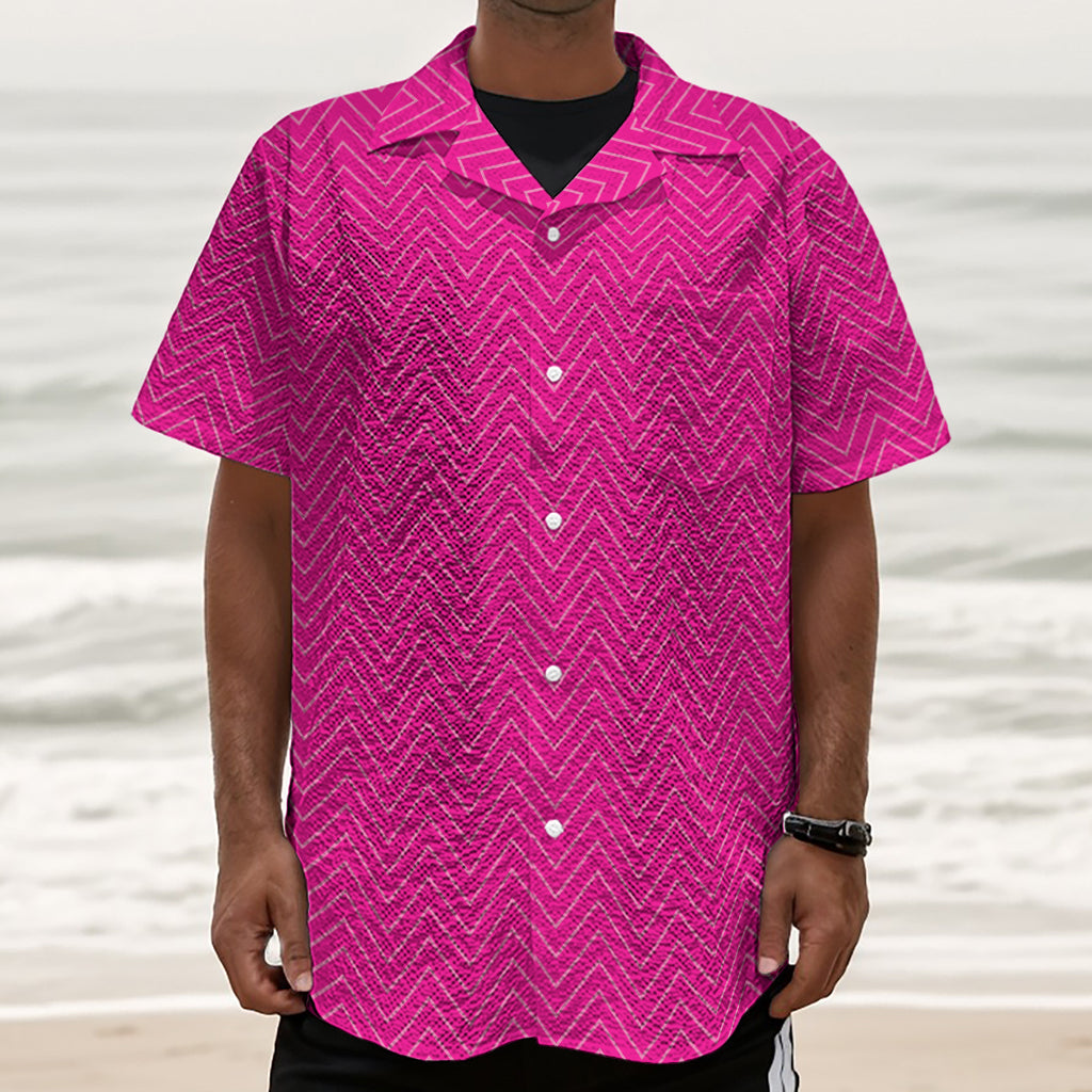 Magenta Pink Zigzag Pattern Print Textured Short Sleeve Shirt