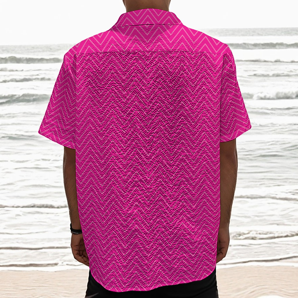 Magenta Pink Zigzag Pattern Print Textured Short Sleeve Shirt