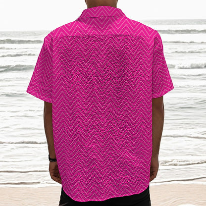 Magenta Pink Zigzag Pattern Print Textured Short Sleeve Shirt