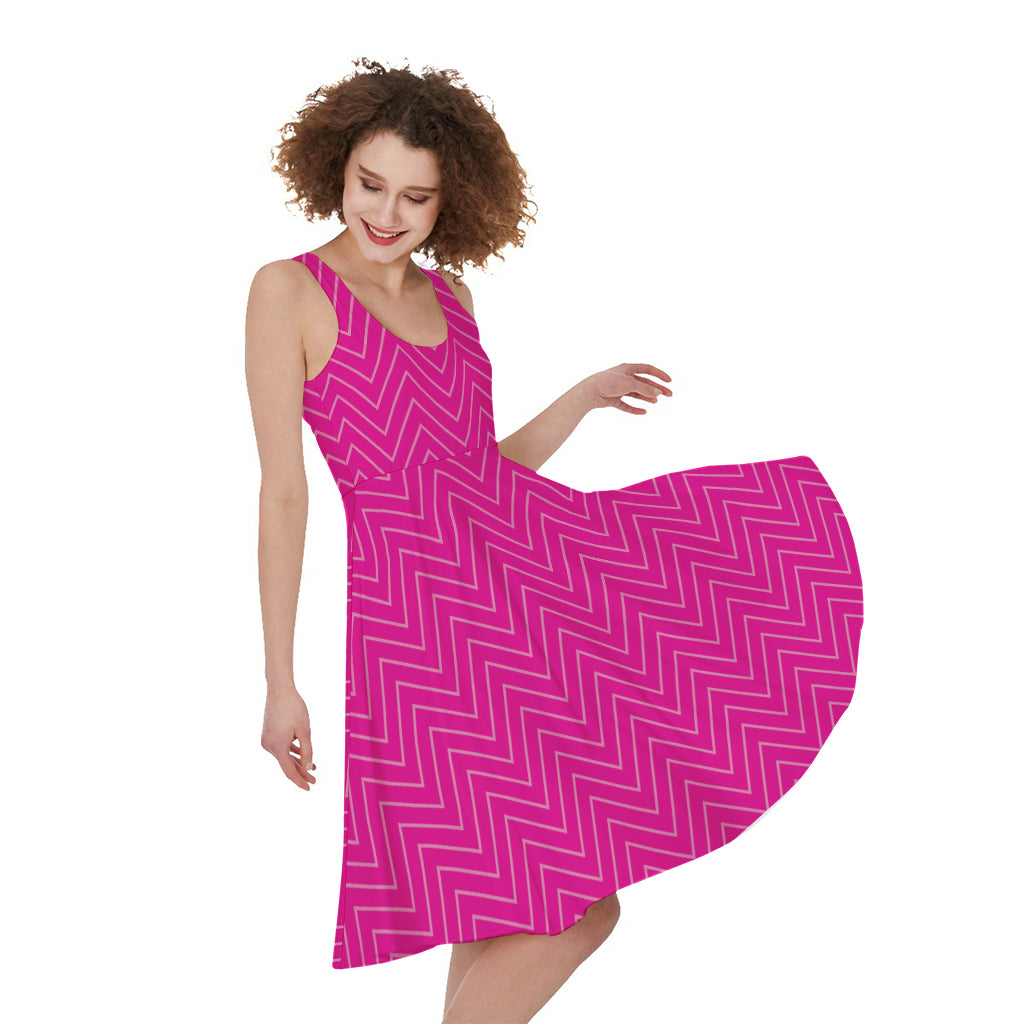 Magenta Pink Zigzag Pattern Print Women's Sleeveless Dress