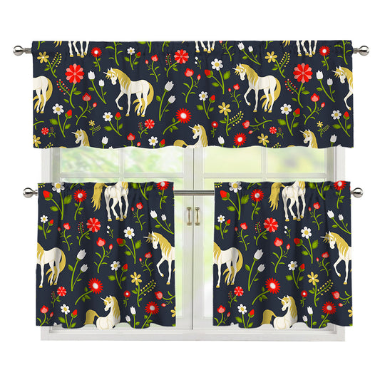 Magic Floral Unicorn Pattern Print 3 Piece Kitchen Curtains