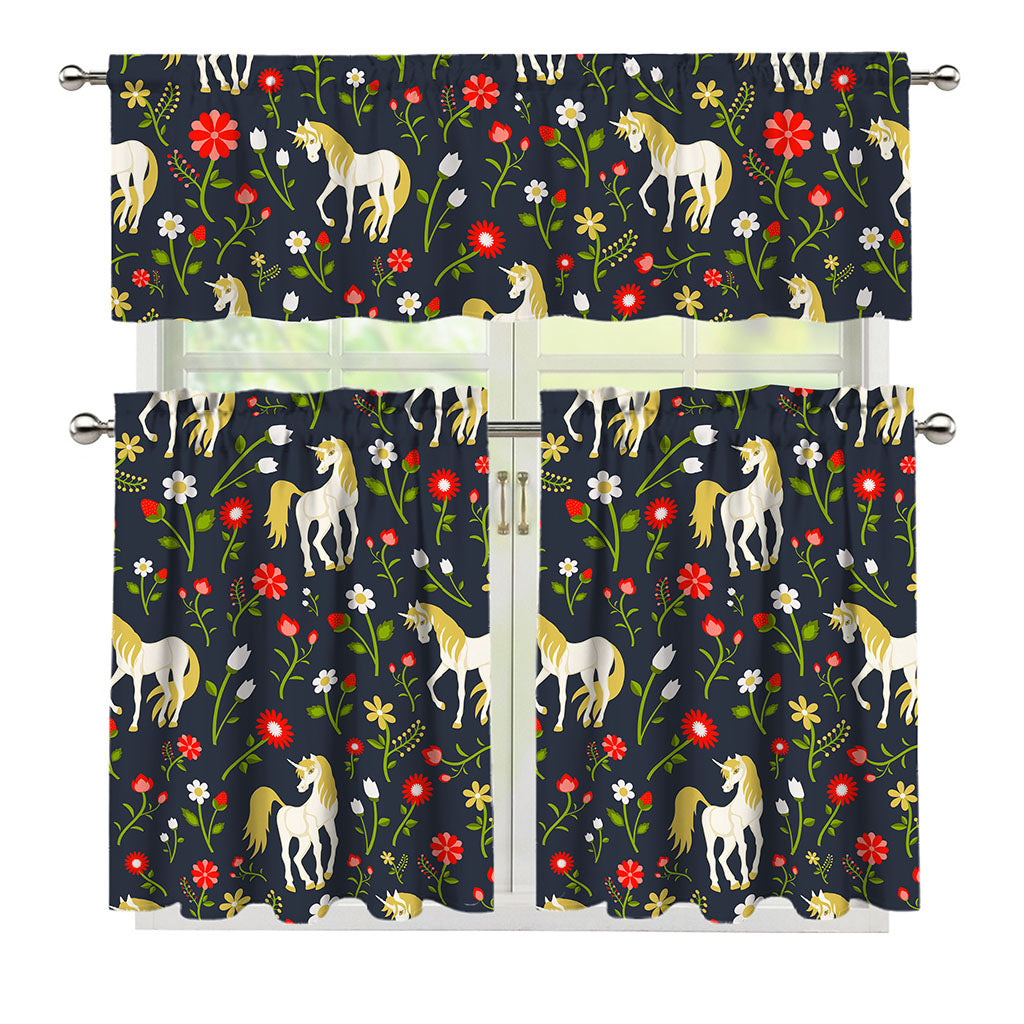 Magic Floral Unicorn Pattern Print 3 Piece Kitchen Curtains