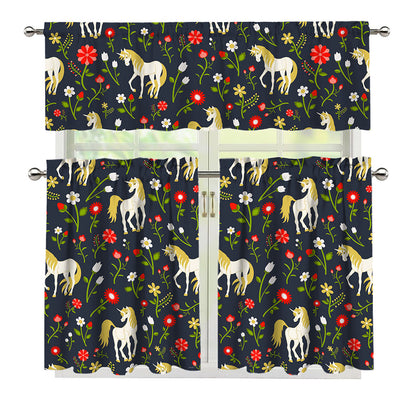 Magic Floral Unicorn Pattern Print 3 Piece Kitchen Curtains