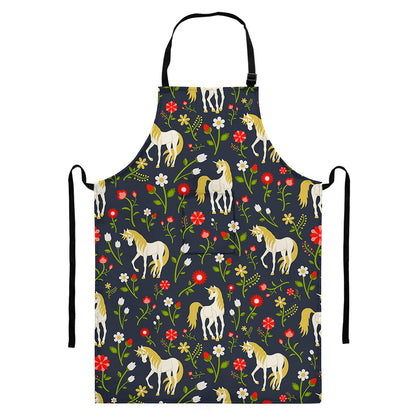 Magic Floral Unicorn Pattern Print Bib Apron With Pocket
