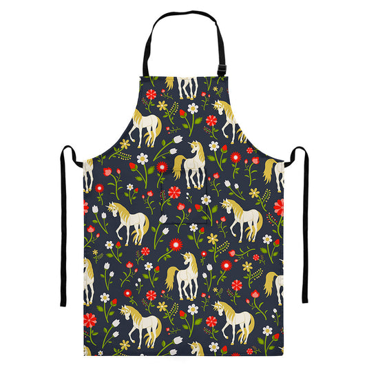Magic Floral Unicorn Pattern Print Bib Apron With Pocket