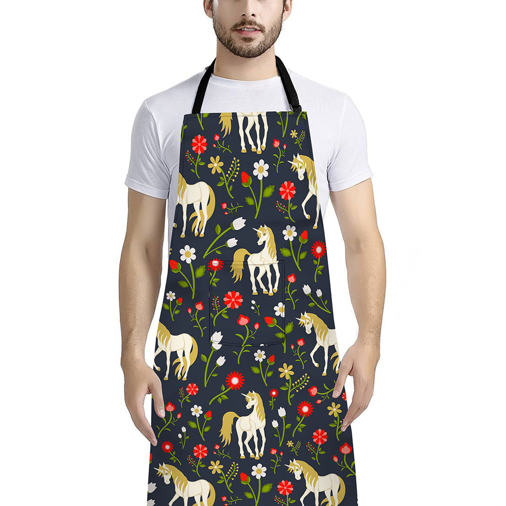 Magic Floral Unicorn Pattern Print Bib Apron With Pocket