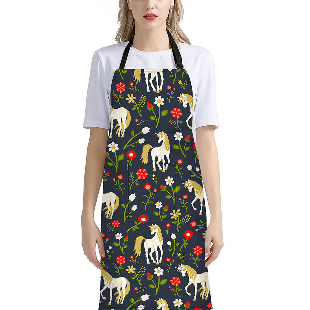 Magic Floral Unicorn Pattern Print Bib Apron With Pocket