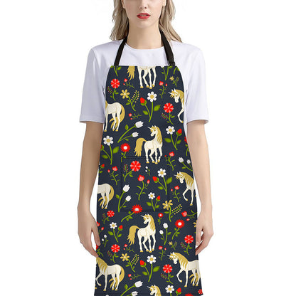 Magic Floral Unicorn Pattern Print Bib Apron With Pocket