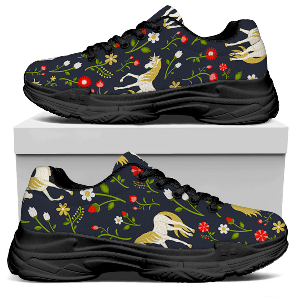 Magic Floral Unicorn Pattern Print Black Chunky Shoes