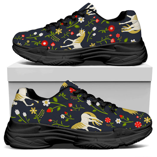 Magic Floral Unicorn Pattern Print Black Chunky Shoes