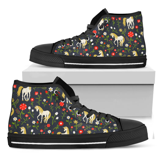 Magic Floral Unicorn Pattern Print Black High Top Sneakers