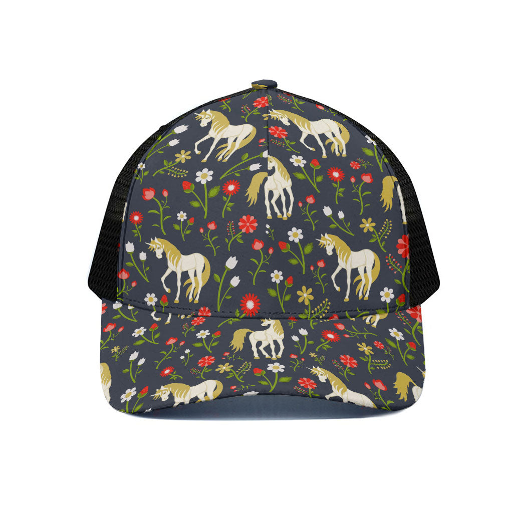 Magic Floral Unicorn Pattern Print Black Mesh Trucker Cap