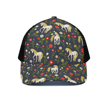 Magic Floral Unicorn Pattern Print Black Mesh Trucker Cap