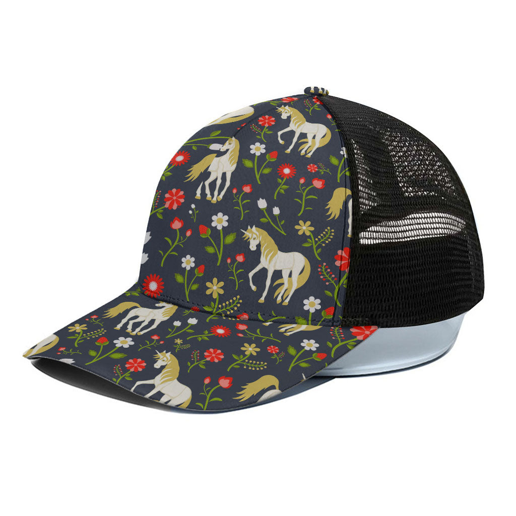 Magic Floral Unicorn Pattern Print Black Mesh Trucker Cap