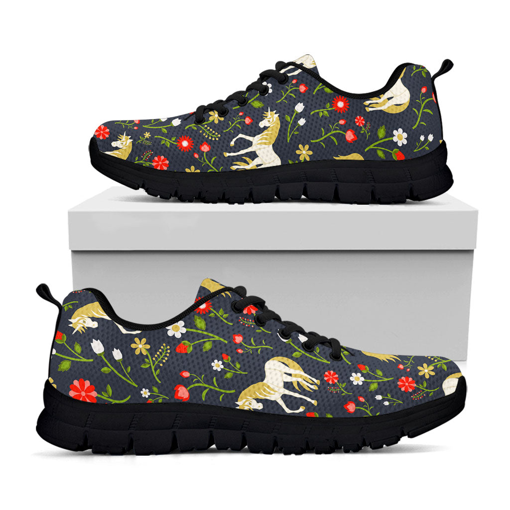 Magic Floral Unicorn Pattern Print Black Running Shoes