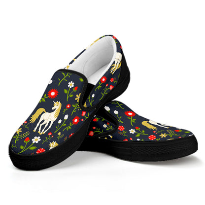 Magic Floral Unicorn Pattern Print Black Slip On Sneakers