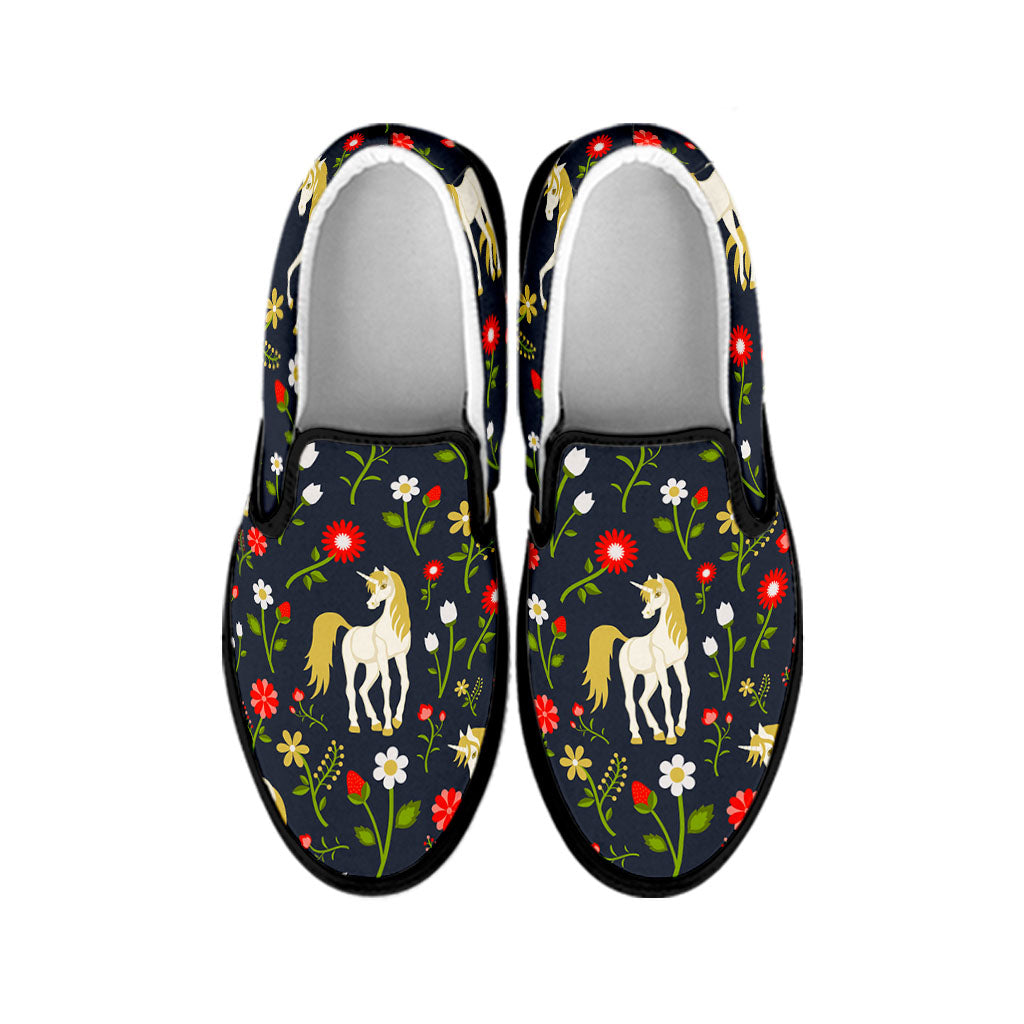 Magic Floral Unicorn Pattern Print Black Slip On Sneakers