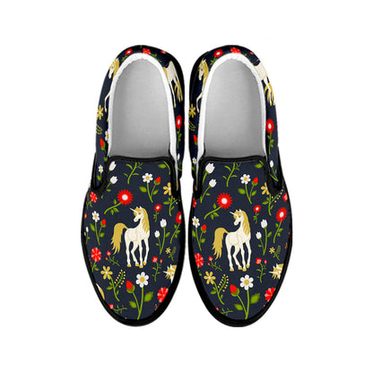 Magic Floral Unicorn Pattern Print Black Slip On Sneakers