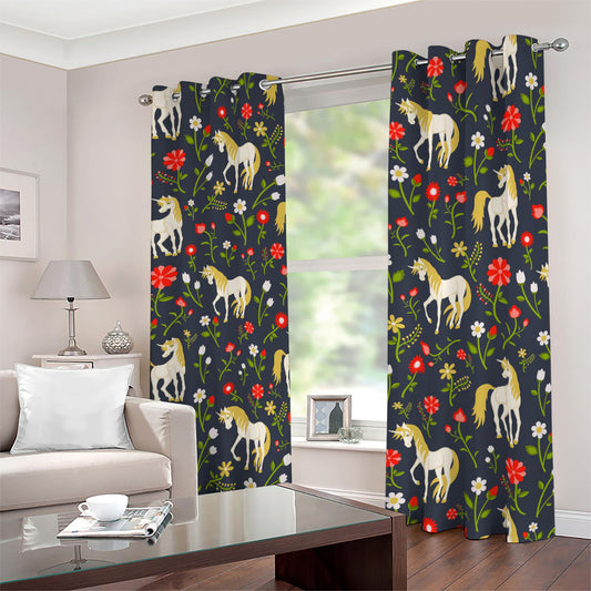 Magic Floral Unicorn Pattern Print Blackout Grommet Curtains