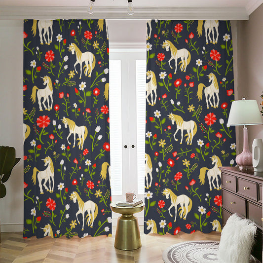 Magic Floral Unicorn Pattern Print Blackout Pencil Pleat Curtains