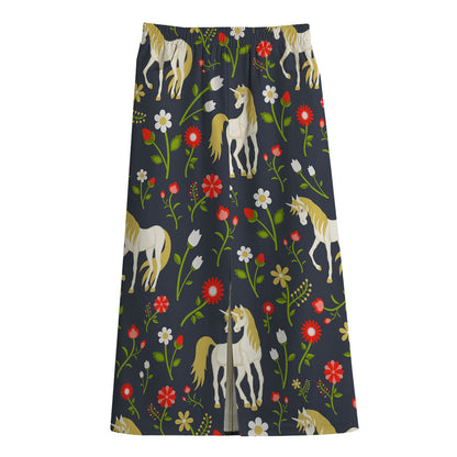 Magic Floral Unicorn Pattern Print Cotton Front Slit Maxi Skirt