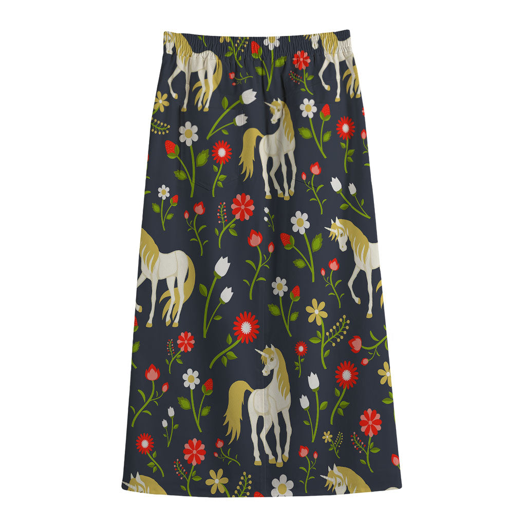 Magic Floral Unicorn Pattern Print Cotton Front Slit Maxi Skirt