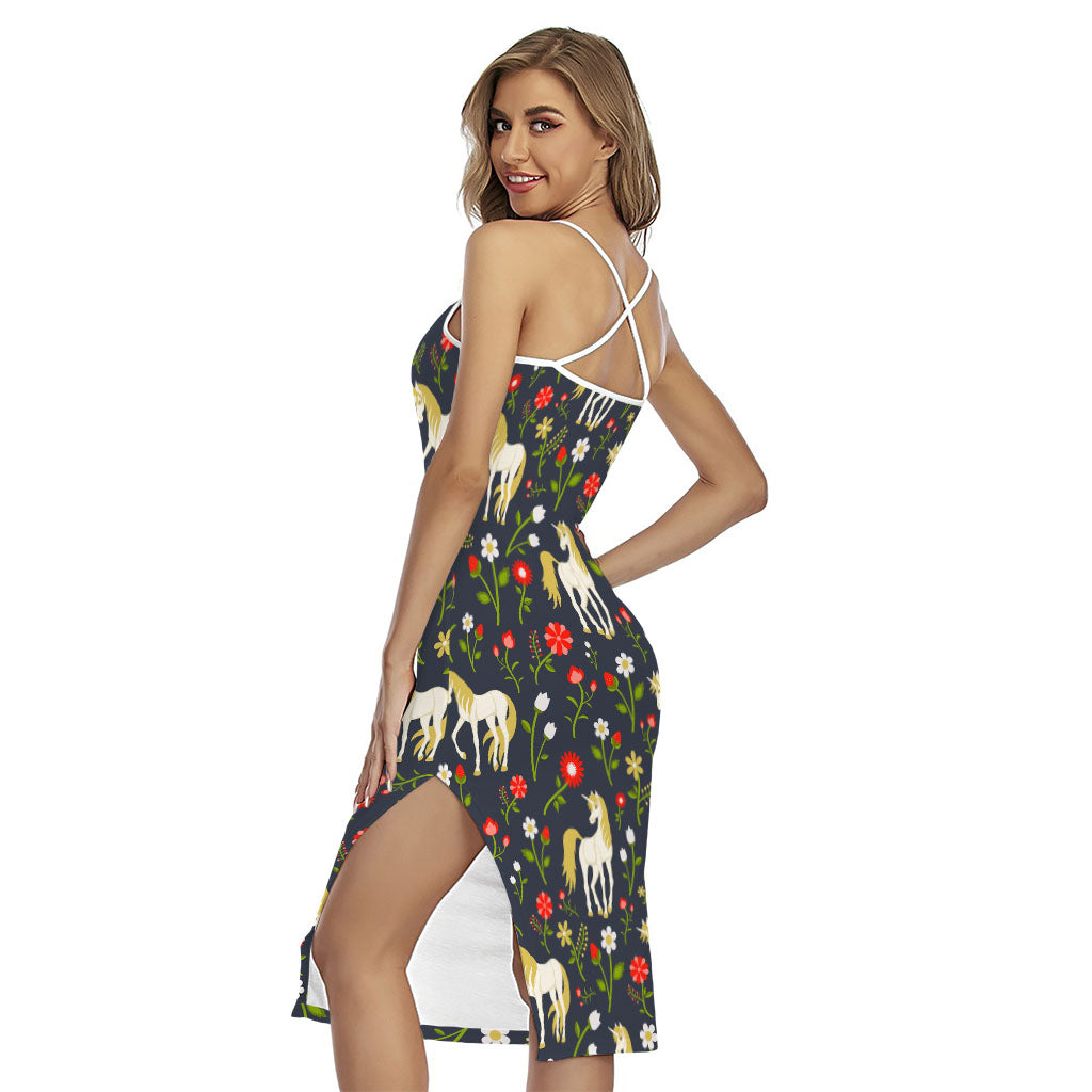Magic Floral Unicorn Pattern Print Cross Back Cami Dress