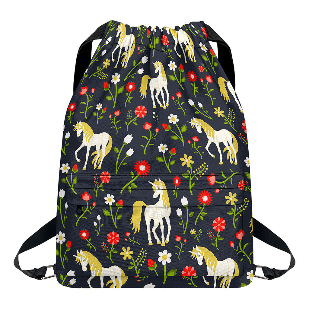 Magic Floral Unicorn Pattern Print Drawstring Backpack