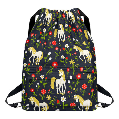 Magic Floral Unicorn Pattern Print Drawstring Backpack