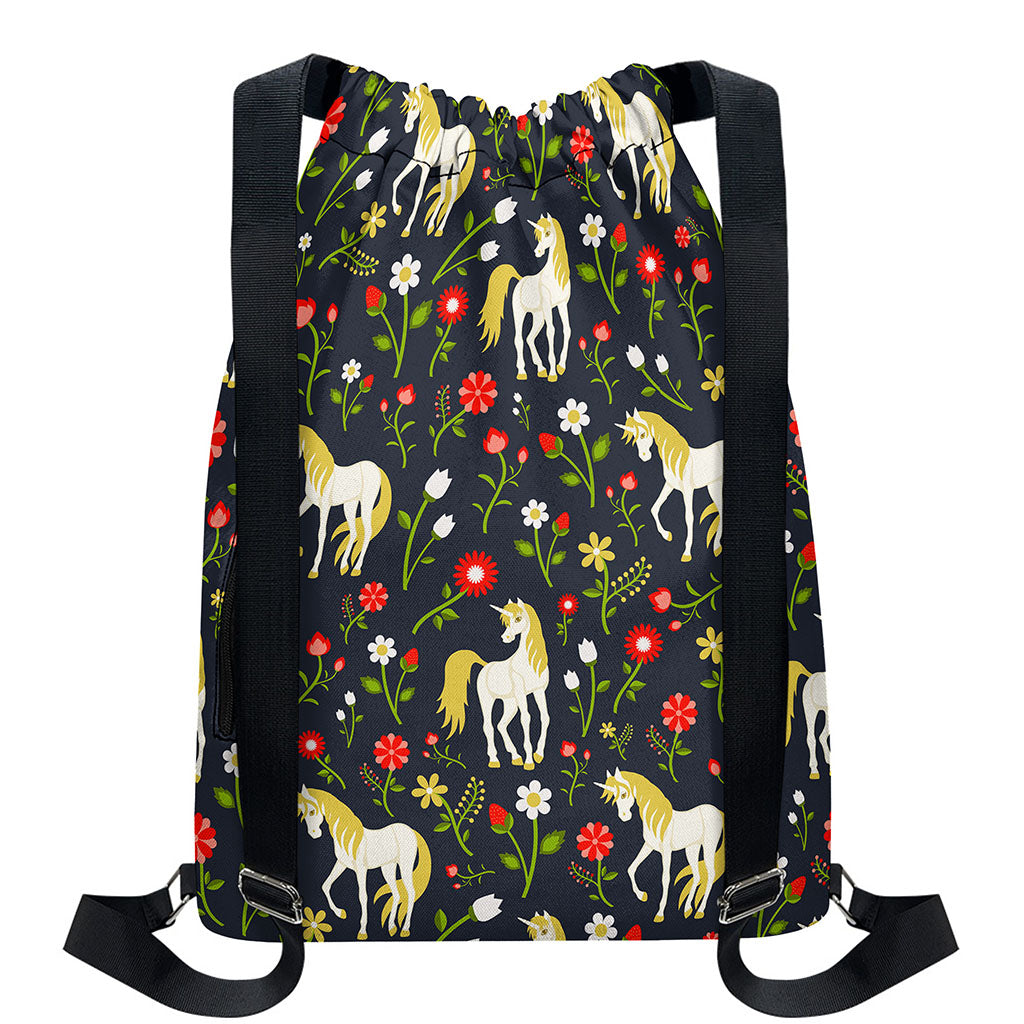 Magic Floral Unicorn Pattern Print Drawstring Backpack