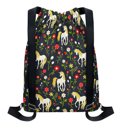 Magic Floral Unicorn Pattern Print Drawstring Backpack