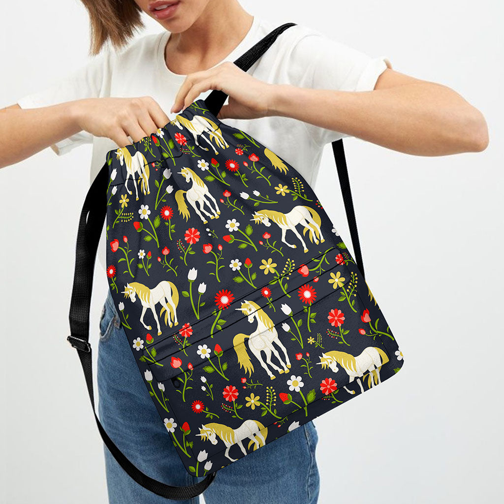Magic Floral Unicorn Pattern Print Drawstring Backpack