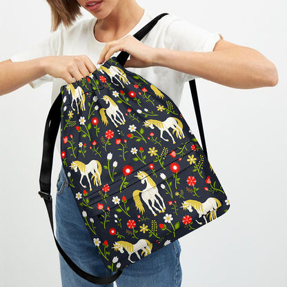 Magic Floral Unicorn Pattern Print Drawstring Backpack