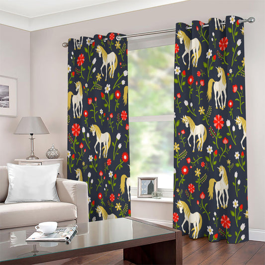 Magic Floral Unicorn Pattern Print Extra Wide Grommet Curtains