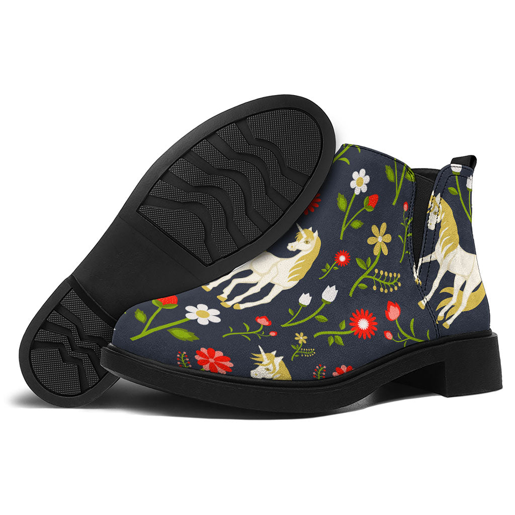 Magic Floral Unicorn Pattern Print Flat Ankle Boots