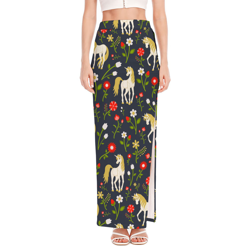 Magic Floral Unicorn Pattern Print High Slit Maxi Skirt
