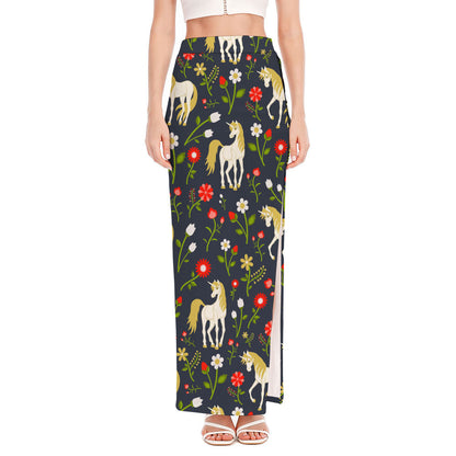 Magic Floral Unicorn Pattern Print High Slit Maxi Skirt