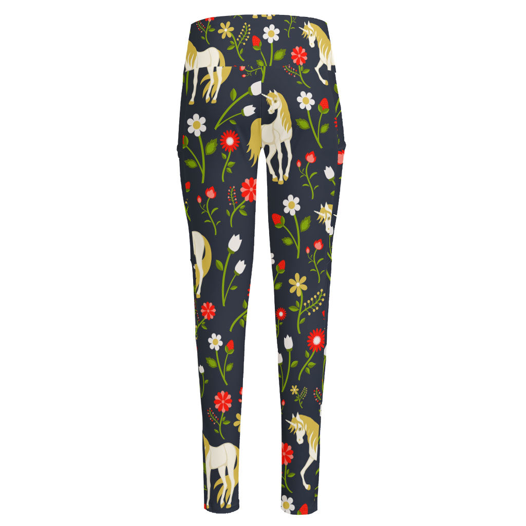 Magic Floral Unicorn Pattern Print High-Waisted Pocket Leggings