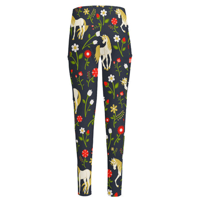 Magic Floral Unicorn Pattern Print High-Waisted Pocket Leggings