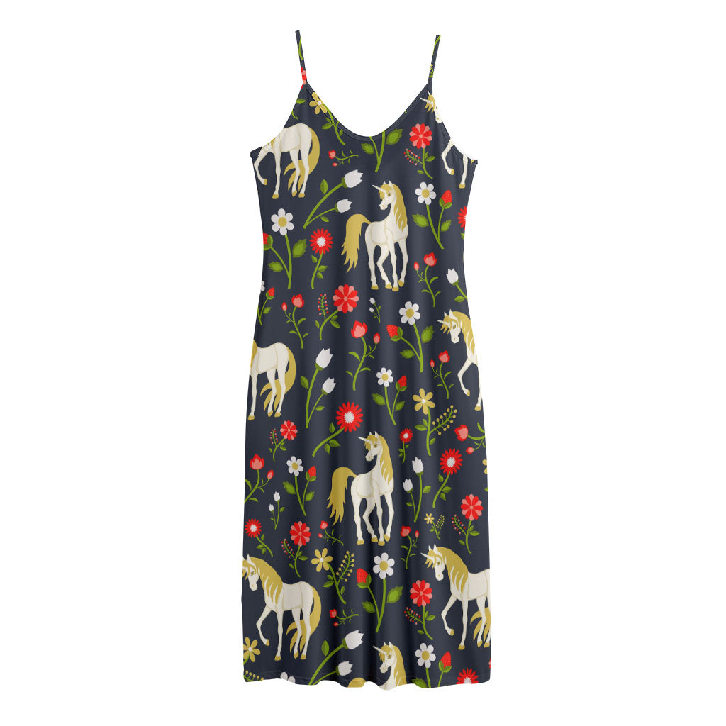 Magic Floral Unicorn Pattern Print Jersey Midi Cami Dress