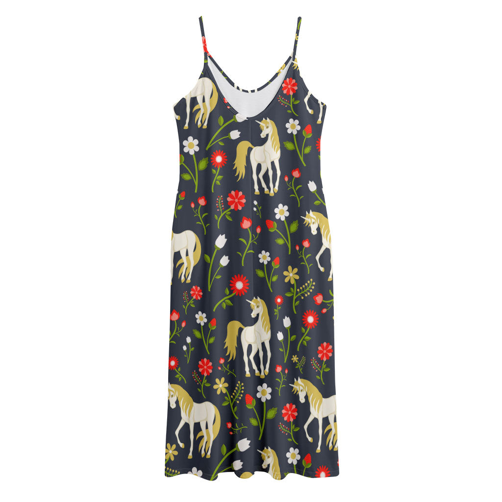 Magic Floral Unicorn Pattern Print Jersey Midi Cami Dress
