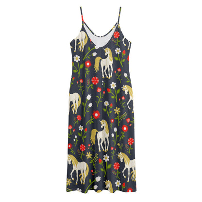 Magic Floral Unicorn Pattern Print Jersey Midi Cami Dress