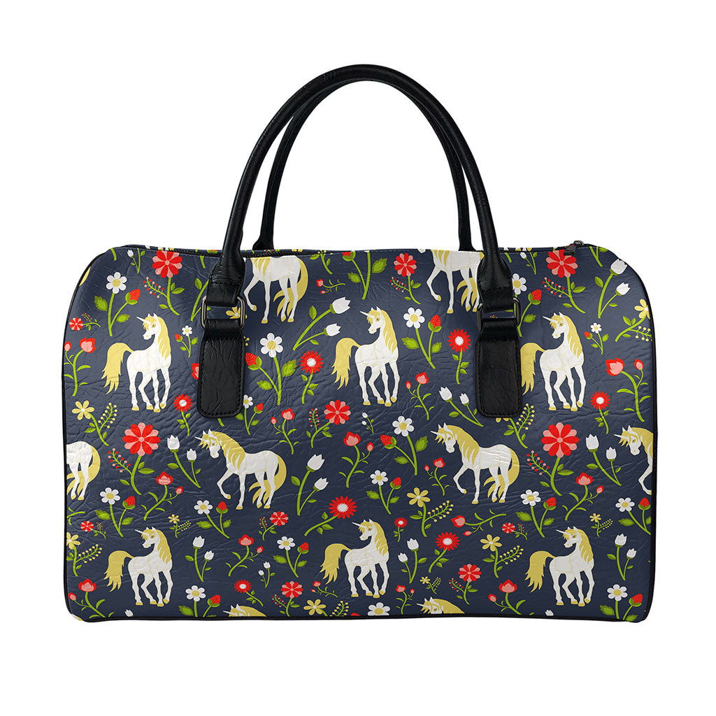 Magic Floral Unicorn Pattern Print Leather Duffle Bag