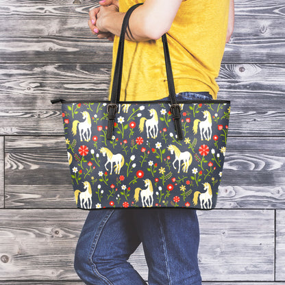 Magic Floral Unicorn Pattern Print Leather Tote Bag
