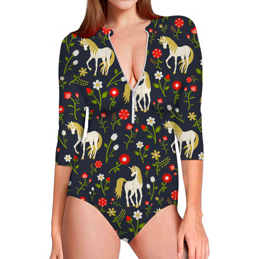 Magic Floral Unicorn Pattern Print Long Sleeve Swimsuit
