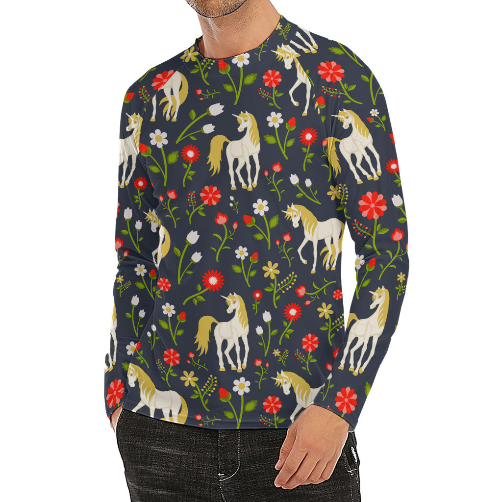Magic Floral Unicorn Pattern Print Men's Long Sleeve Rash Guard